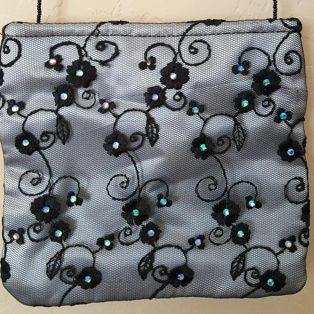 Black Lace Silver Satin Embellished Black Glass Beaded Strap Evening Bag Purse